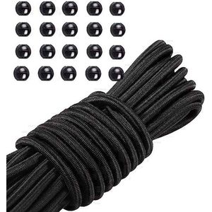 16 Meter - Elastische Bungee Koord - 5mm Dik – Zwart – Inclusief 27 Bungee Ballen – Marine Kwaliteit met Diamond Grip – Veelzijdig Inzetbaar voor Outdoor & Camping