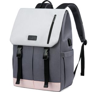 Rugzak voor dames en heren, 15,6-17,3 inch, laptoprugzak, waterdicht, schooltas, tieners, meisjes, jongens, rugzak, dagrugzak, universiteit, reizen, werk, grijs, wit, roze, Casual