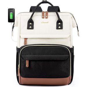 Laptop rugzak 15.6 inch - Zwart/beige - USB-oplaadpoort - Rugtas voor volwassenen en tieners - Waterdichte laptoptas