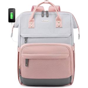 Laptop rugzak 17.3 inch - Roze/grijs - USB-oplaadpoort - Rugtas voor volwassenen en tieners - Waterdichte laptoptas