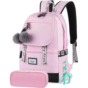 Schoolrugzak 2-delig met etui - Roze - USB-oplaadpoort schooltas - Rugtas voor tieners, kinderen, meisjes