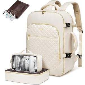 Grote reistas - Laptoptas 17.3 inch - Beige - 4-delig met toilettas, schoenenhoes, kledingtas - 40 L - Laptoprugzak, weekendtas, handbagage tas, backpack, laptop tas, rugzak - 4 stuks - Creme/wit