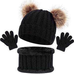 Winter set 3 stuks - Zwart - 1 tot 6 jaar - Muts, ronde sjaal, handschoenen voor kinderen - 3-delige set - Voor meisjes en jongens - Black Friday 2023 - Kerstcadeau