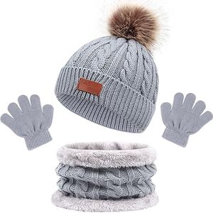 Ultiluxe® Winter set voor kinderen - Grijs - 3-delige set - Muts met pom pom, handschoenen, sjaal - Kindermuts met winter handschoenen en warme ronde sjaal - Baby, kind, meisje of jongen - Sinterklaas, kerstcadeau - Winterset