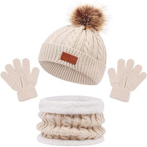 Winter set 3 stuks - Beige - 1 tot 5 jaar - Beanie muts, ronde sjaal, handschoenen - 3-delige set voor kinderen