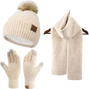 Warme winterset - Beige - Beanie met pom pom, lange sjaal, touchscreen handschoenen - Fleece gevoerde muts volwassenen - Black Friday 2023 - Kerstcadeau