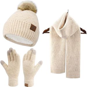 Warme wintermuts voor dames, touchscreen-handschoenen en lange sjaal, set met dik fleece gevoerd, thermische wintermuts, gebreide muts, beanie met pompon, sjaals, winterhandschoenen, gebreide