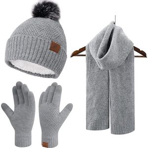 Winterset voor dames - Grijs - Muts, handschoenen en sjaal - Warme fleece gevoerde muts - Volwassenen - Pom pom beanie, lange sjaal, touchscreen handschoenen - Black Friday - Kerstcadeau vrouwen