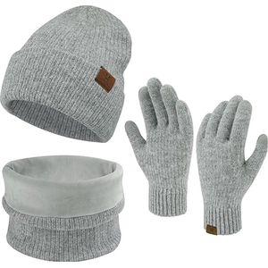 Warme winterset 3-delig - Lichtgrijs - Fleece gevoerde beanie/muts, ronde sjaal, touchscreen handschoenen - 3 stuks voor volwassenen - Black Friday 2023 - Kerstcadeau