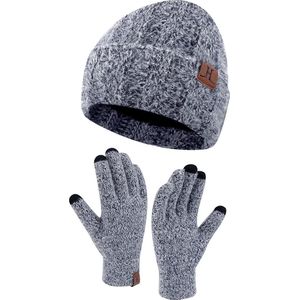 Warme winterset 2-delig - Donkerblauw - Fleece gevoerde beanie muts en touchscreen handschoenen - Thermo voor volwassenen - Black Friday 2023 - Kerstcadeau