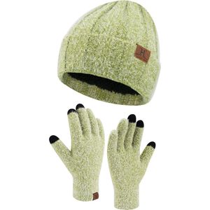 Warme winterset 2-delig - Groen - Fleece gevoerde beanie muts en touchscreen handschoenen - Thermo voor volwassenen - Black Friday 2023 - Kerstcadeau