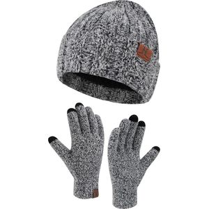 Warme winterset 2-delig - Zwart - Fleece gevoerde beanie muts en touchscreen handschoenen - Thermo voor volwassenen - Black Friday 2023 - Kerstcadeau