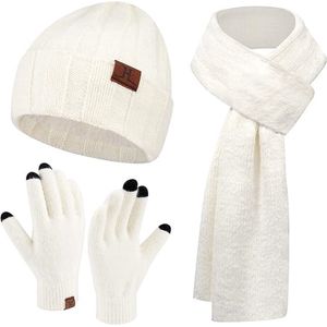 Warme winterset 3 stuks - Wit/creme - Gevoerde muts beanie, lange sjaal, touchscreen handschoenen - 3-delige set voor volwassenen - Black Friday 2023 - Kerstcadeau
