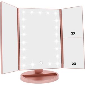 Grote LED make-upspiegel - Rosegoud - USB-oplaadbaar of batterijen - Inklapbare vergroting make-up spiegel - 4 verschillende makeup spiegels - Dimbaar touchscreen - 34.5 x 27.5 cm - Close-up reisspiegel met ledlampjes - Roze