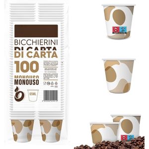 100 koffiemokken, papier, 65 ml, hoeveelheidskorting, verpakking met 50 biologisch afbreekbare koffiemokken, koffiebekers voor multigebruik (hoeveelheid 1000 glazen) Made in Italië