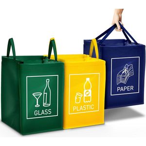 3-delige set afvalscheidingssysteem, afvalscheiders voor papier, plastic en glas, met praktische transportgreep