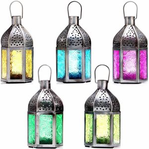 Oosterse Basem lantaarns, 4-delige set, kleurrijk, 14 cm, 4 x Oosters, Marokkaans windlicht van metaal & glas in 4 kleuren, rood, paars, groen, oranje, voor buiten als tuinlantaarn