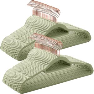 Kledinghangers fluweel, set van 50, beugels, antislip, kleine stang voor stropdassen, 360 graden draaibare haak in roségoud, 0,6 cm dik, ruimtebesparend, 43,5 cm lang, voor mantels, broeken, lichtgroen