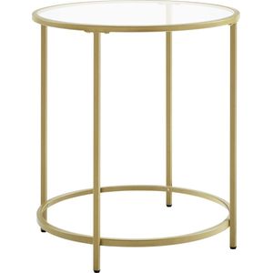 Bijzettafel rond, nachtkastje, kleine salontafel, 50 x 50 x 55 cm, glazen tafel met metalen frame, banktafel, balkon, gehard glas, goud