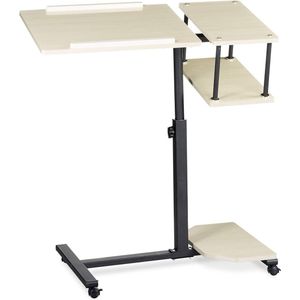 Bureau laptoptafel op wieltjes, XL, verstelbaar, 2-delig tafelblad, 2 extra oppervlaktes, met anti-slipbalkjes, crème