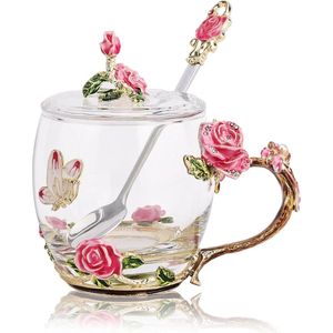 vlinder bloem glazen koffiemok met lepels en deksels, pak van 2 sets met geschenkdoos voor vrouw, moeder, grootmoeder, vriendin, zussen, Kerstmis, verjaardag (roze)