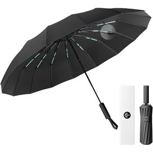 Compacte Opvouwbare Stormvaste Paraplu met 16 Ribben, Grote Opvouwbare Paraplu met Automatische Opening, Winddicht, UV-Parasol, Zwart