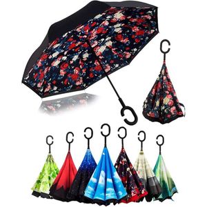 Omgekeerde Paraplu Handmatig Openen Dubbellaags Paraplu Creatieve Flip C-Vormige Handvat Handsfree Compacte Paraplu Vrouw Omgekeerd