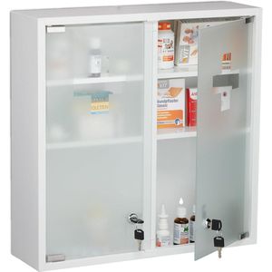 medicijnkastje met dubbele glazen deur, afsluitbaar EHBO-kastje, 3 vakken, 53 x 52,5 x 15,5 cm, hangend, wit