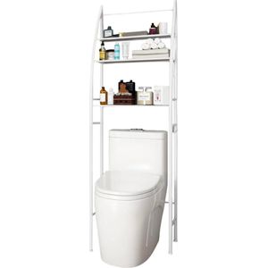 Badkamerplank Boven Wit Toilet | Bespaar Ruimte met 3 Planken | Waterdichte Opbergplank | In Hoogte Verstelbare Poten (Wit-Metallic)