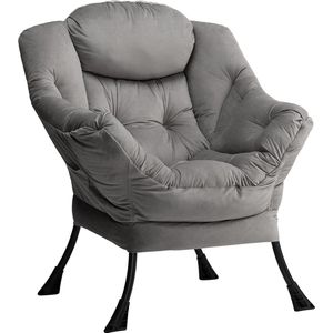 Luie stoel lounge stoel met armleuningen en zijvak relax fauteuil met moderne fluwelen stof en stalen frame, Donkergrijs