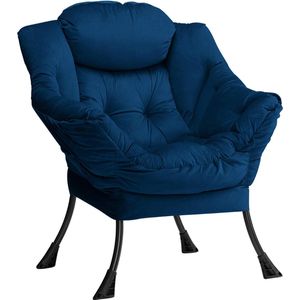 Luie stoel lounge stoel met armleuningen en zijvak relax fauteuil met moderne fluwelen stof en stalen frame, Donkerblauw