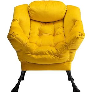 Luie stoel lounge stoel met armleuningen en zijvak relax fauteuil met moderne fluwelen stof en stalen frame, Geel
