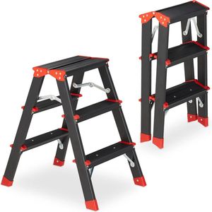 dubbele trap aluminium, 3 treden, tot 120 kg, lichtgewicht, 58 x 40,5 x 56 cm, huishoudtrap keuken, zwart