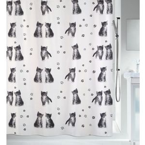 Spirella Douchegordijn, schimmelwerend, antibacterieel, wasbaar, waterdicht, polyester, kat, 180 x 200 cm, wit/groen