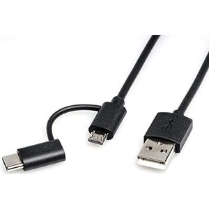 ROLINE USB 2.0 kabel met USB C, Micro USB B en USB A stekker | USB Sync en oplaadkabel | Zwart 1m