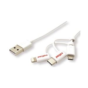 ROLINE USB 2.0  lightning sync & oplaadkabel Type A - Type C / 8-pins / USB MicroB, wit, 1 m - wit 11.02.8329