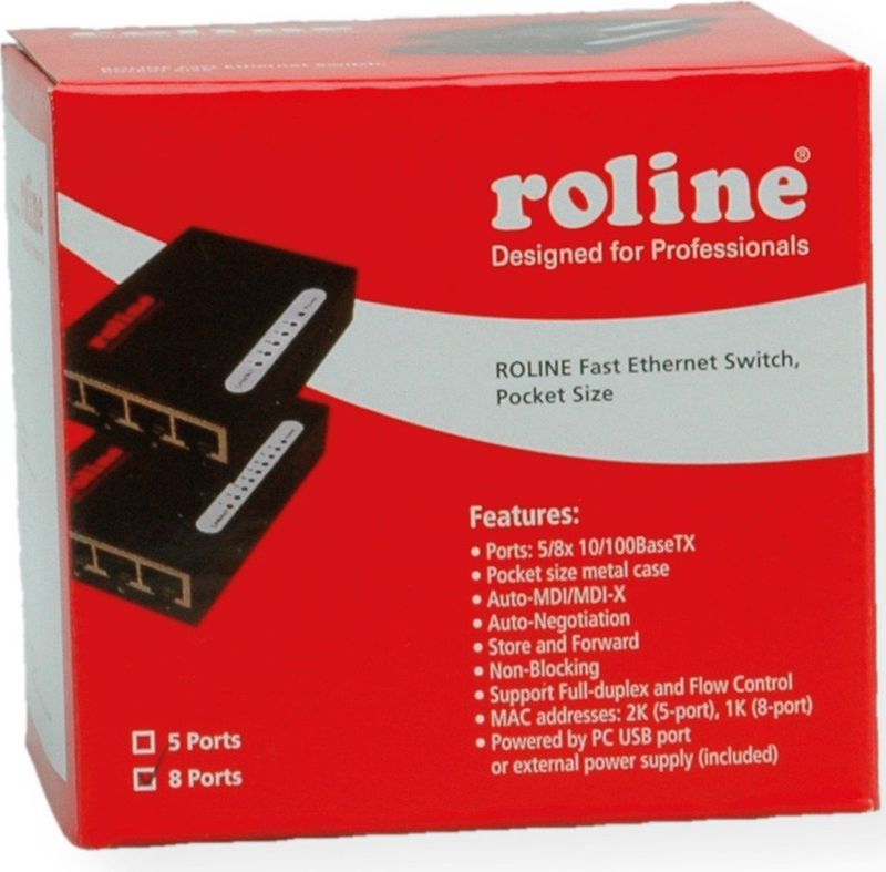 ROLINE Fast Ethernet Switch - 8 Ports - Metalen Behuizing