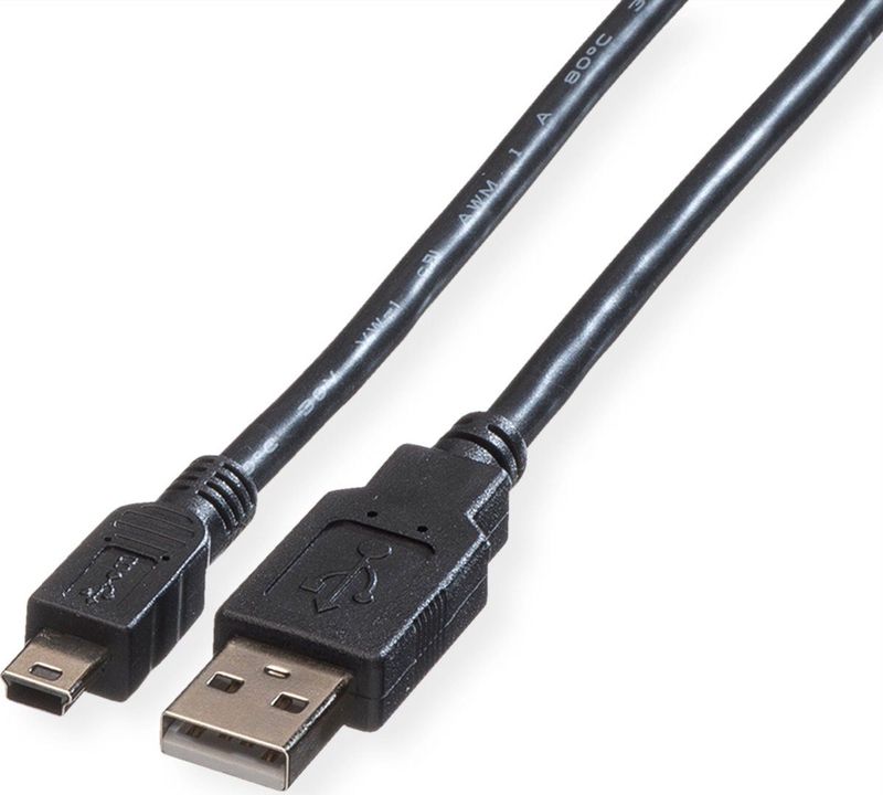 ROLINE USB 2.0 Kabel, type A - 5-Pin Mini, zwart, zwart, 0,8 m