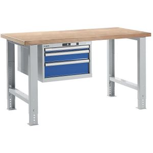 LISTA Werkbank in modulair systeem, hoogte 740 - 1090 mm, hangkast, 3 laden, gentiaanblauw, tafelbreedte 1500 mm