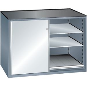 LISTA Schuifdeurkast, draagvermogen uitschuifbaar legbord 75 kg, 4 verstelbare legborden, 2 uitschuifbare legborden, grijs metallic / lichtgrijs