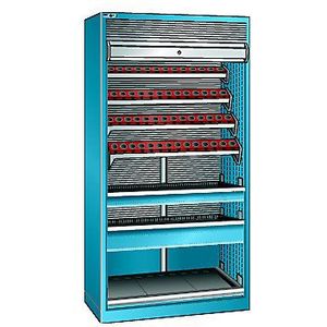 LISTA CNC-kast met roldeur, 7 etages, 40 houders HSK 63 A+C+E/80 B+D, lichtblauw RAL 5012