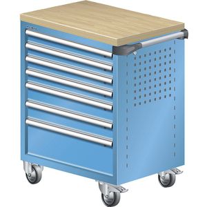 LISTA Werkplaatswagen, met houtafdekking van multiplex 40 mm, 7 laden, blauw
