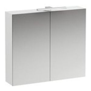 Laufen Base toiletkast 80x18.5x70cm met LED verlichting 2x 2-zijdige spiegeldeur links 2 glazen legplanken en stopcontact hout/glas mat wit mat H4028021102601