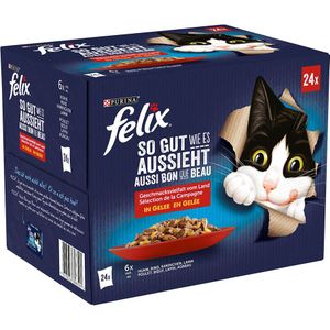 24x85g Vlees Selectie in Gelei Felix Elke Dag Feest Kattenvoer