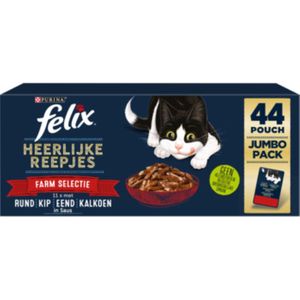 Felix Heerlijke Reepjes Farm Selectie - Kattenvoer natvoer - Rund, Kip, Eend, Kalkoen - 44 x 80g