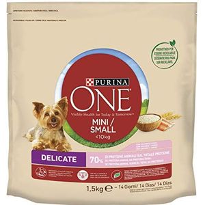 Purina One Mini < 10 kg delicate droogvoer voor kleine honden, zalm en rijst, 6 dozen van 1,5 kg