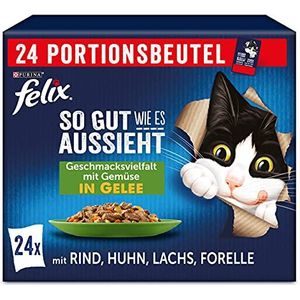 FELIX Natvoer voor katten - smaakvariëteit met gelei-groenten met rundvlees, zalmkip, forel, 4 stuks (4 x 24 zakjes van 85 g)