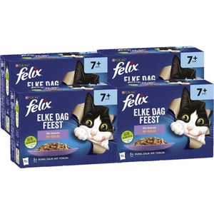 Felix Elke Dag Feest Senior Mix Selectie kattenvoer, natvoer met Tonijn, met Zalm, met Kip en met Rund in Gelei 12x85g- doos van 4 (48 portiezakjes, 4,08kg)