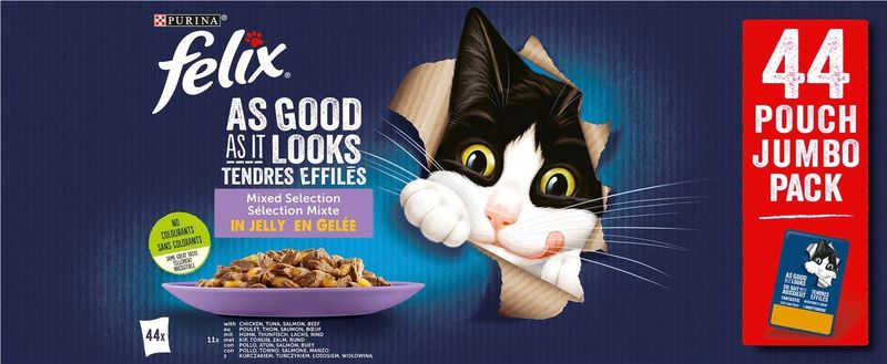Felix Elke Dag Feest in Gelei Mix Selectie - Kattenvoer Natvoer - Tonijn Zalm Rund & Kip- 44 x 85 g