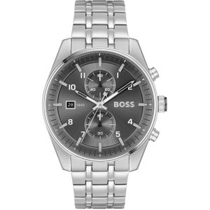 BOSS HB1514151 SKYTRAVELLER Heren Horloge - Chronograaf - Mineraalglas - Staal - Zilverkleurig - 44 mm breed - Quartz - Vouw/Vlindersluiting